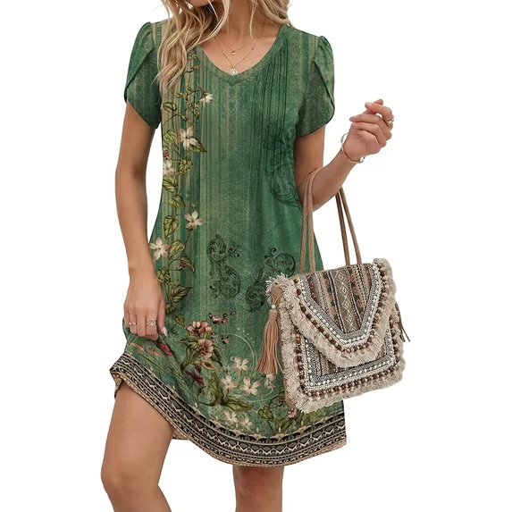 Fantaslook Summer Dresses for Women Short Sleeve Pleated V Neck Dress A Line Casual Tunic Dresses with Pockets