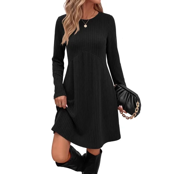 Fantaslook Fall Long Sleeve Dresses for Women Crew Neck Empire Waist Tunic Dress with Pockets Sweater Dress