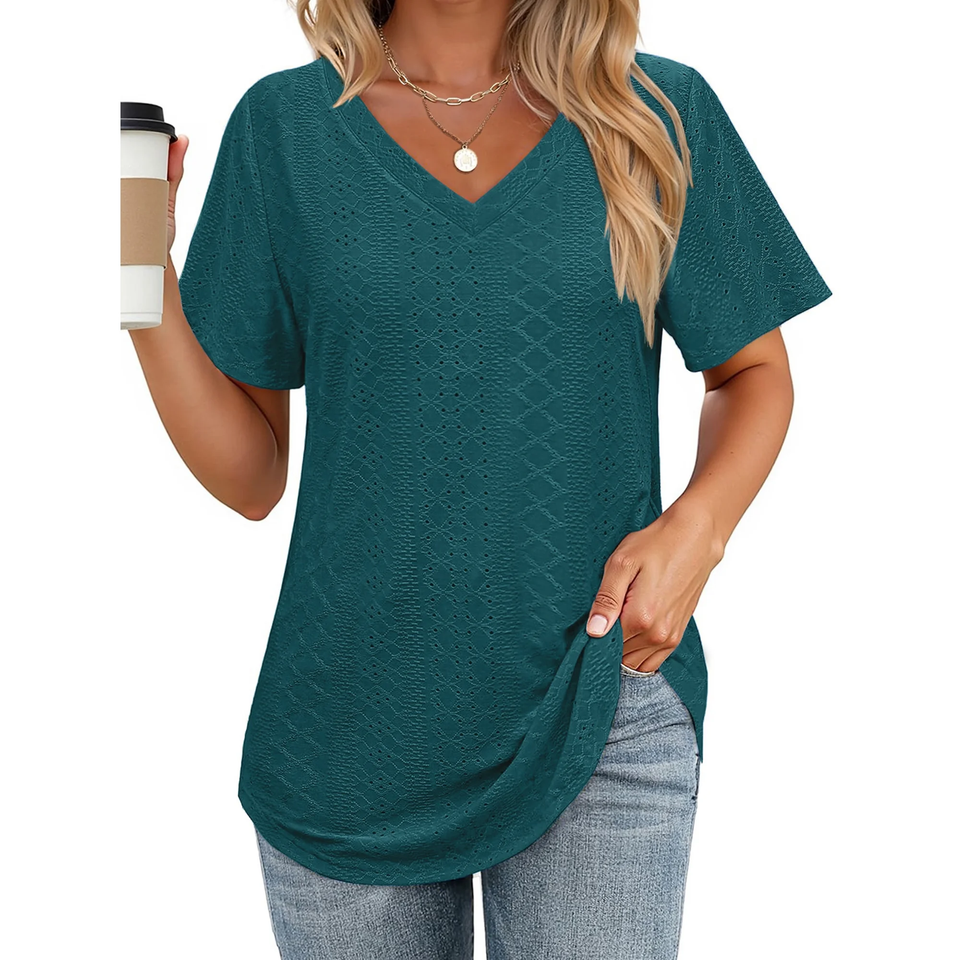 Fantaslook Eyelet Womens Tops Short Sleeve Dressey Casual Blouses V Neck Work Shirts Summer Basic Tees