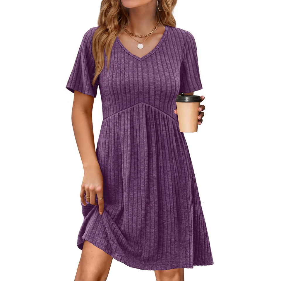 Fantaslook Short Sleeve Dresses for Women V Neck Summer Midi Dresses Empire Waist Tunic Casual Dress with Pockets