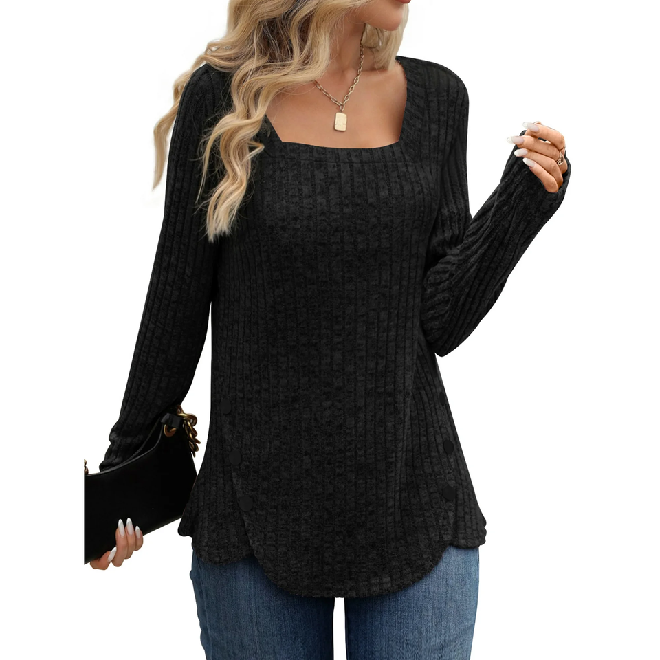 Fantaslook Square Neck Tops for Women Long Sleeve Dressy Blouses Button Side Tunic Shirts