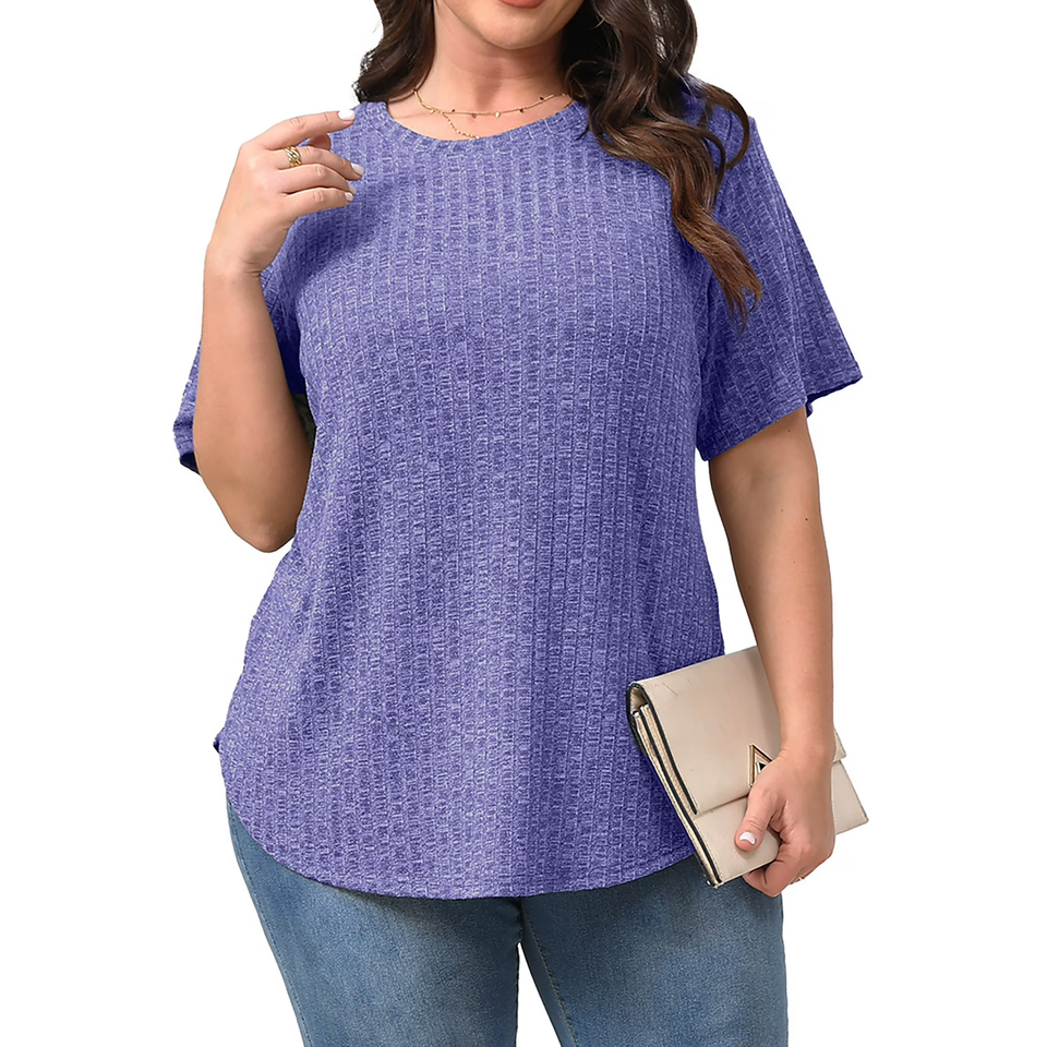 Fantaslook Womens Plus Size Tops Crewneck Short Sleeve Shirts Casual Loose Tunic Tops Curved Hem Summer Blouses