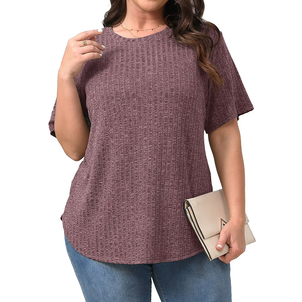 Fantaslook Womens Plus Size Tops Crewneck Short Sleeve Shirts Casual Loose Tunic Tops Curved Hem Summer Blouses