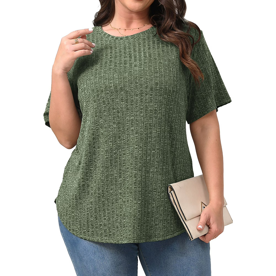Fantaslook Womens Plus Size Tops Crewneck Short Sleeve Shirts Casual Loose Tunic Tops Curved Hem Summer Blouses