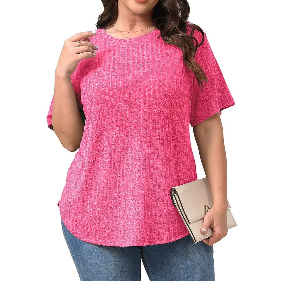 Fantaslook Womens Plus Size Tops Crewneck Short Sleeve Shirts Casual Loose Tunic Tops Curved Hem Summer Blouses