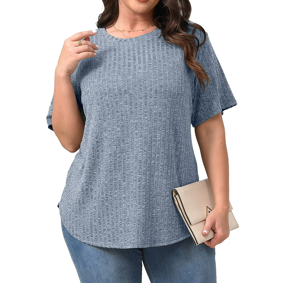 Fantaslook Womens Plus Size Tops Crewneck Short Sleeve Shirts Casual Loose Tunic Tops Curved Hem Summer Blouses