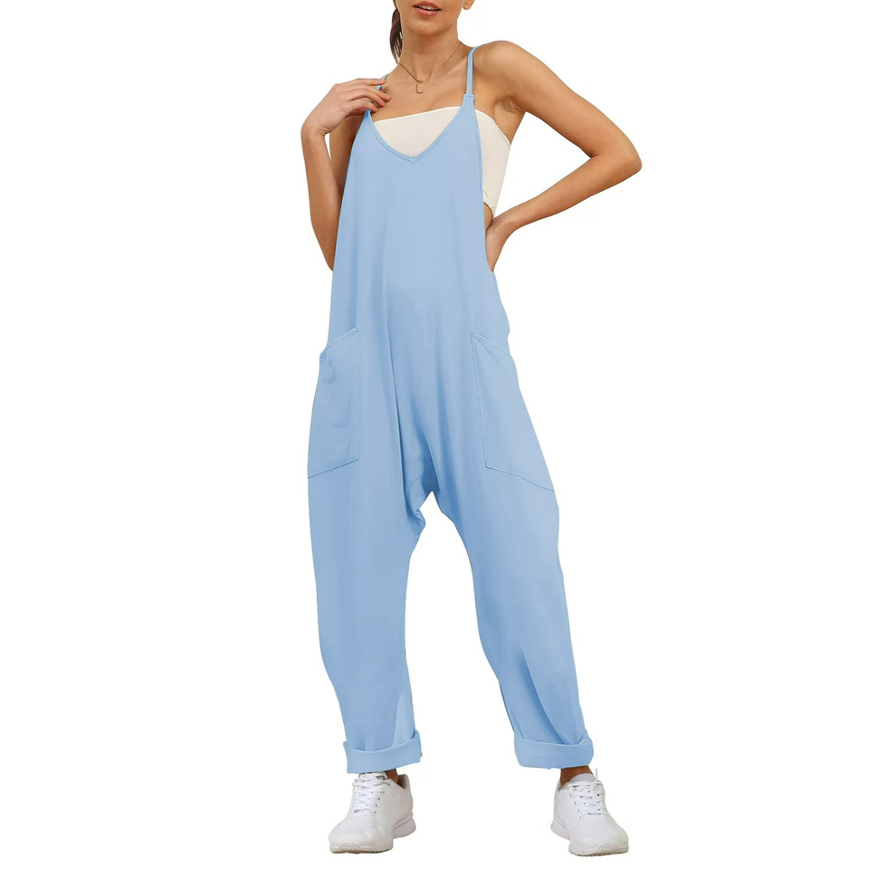 Fantaslook Jumpsuits for Women Casual Loose Rompers Sleeveless Spaghetti Strap Overalls Jumpers Harem Long Pants with Pockets
