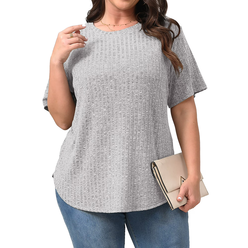 Fantaslook Womens Plus Size Tops Crewneck Short Sleeve Shirts Casual Loose Tunic Tops Curved Hem Summer Blouses