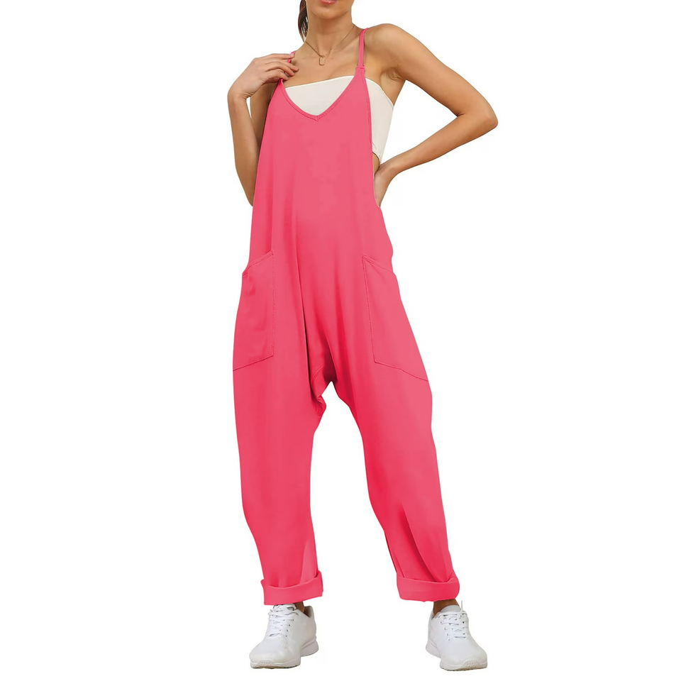 Fantaslook Jumpsuits for Women Casual Loose Rompers Sleeveless Spaghetti Strap Overalls Jumpers Harem Long Pants with Pockets