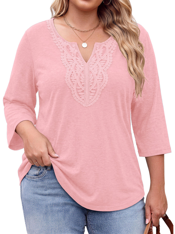 Fantaslook 3/4 Sleeve Womens Plus Size Tops V Neck Lace Blouses Casual Tunic Shirts