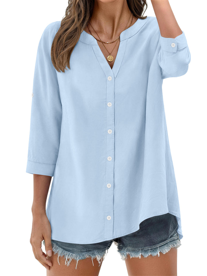 Fantaslook Womens 3/4 Sleeve Button Down Shirts V Neck Roll Up Sleeve Tops Cotton Linen Casual Summer Blouses Shirts