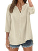 Fantaslook Womens 3/4 Sleeve Button Down Shirts V Neck Roll Up Sleeve Tops Cotton Linen Casual Summer Blouses Shirts