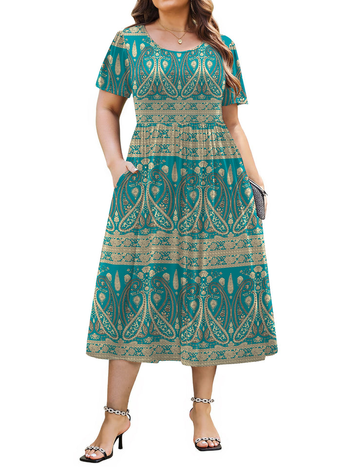 WellSize Plus Size Women Summer Dresses Casual Crew Neck Short Sleeve Sundresses Floral Midi Dress with Pockets