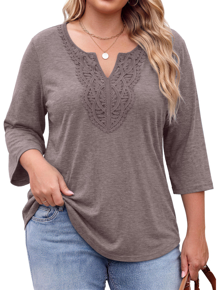 Fantaslook 3/4 Sleeve Womens Plus Size Tops V Neck Lace Blouses Casual Tunic Shirts