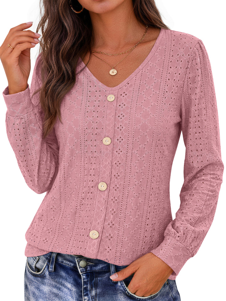 Fantaslook Tops for Women V Neck Long Sleeve Blouses Eyelet Casual Fall Shirts Trendy