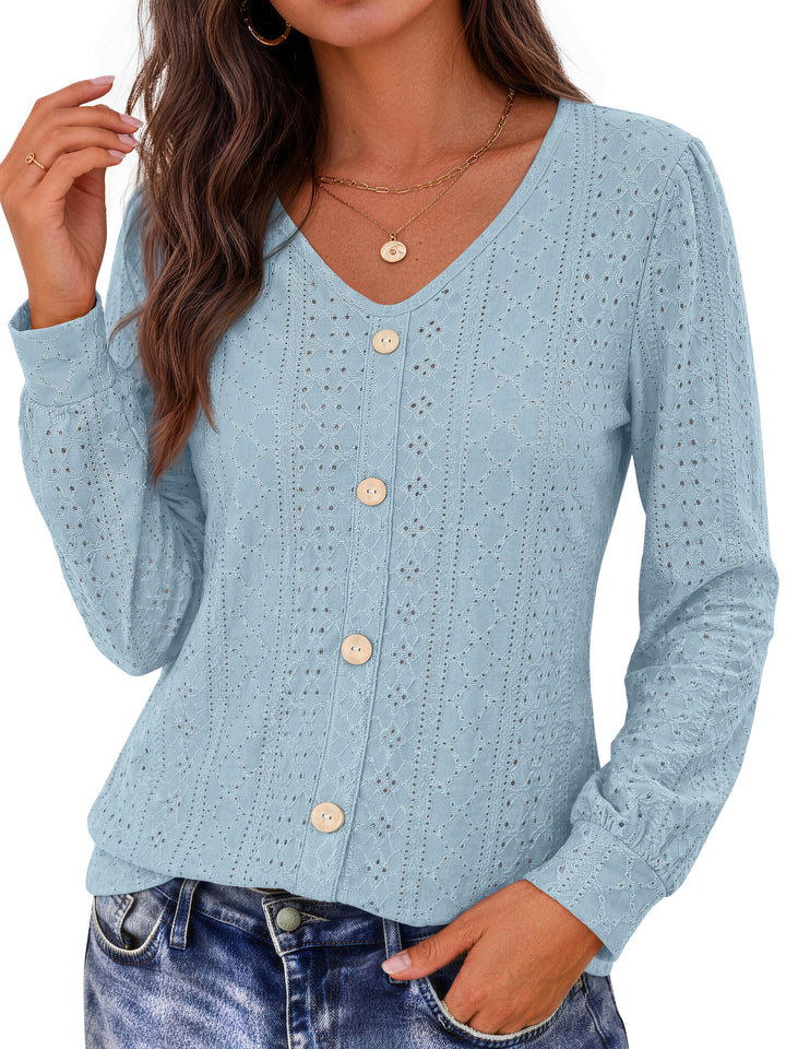 Fantaslook Tops for Women V Neck Long Sleeve Blouses Eyelet Casual Fall Shirts Trendy