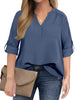 WellSize 3/4 Roll Sleeve Work Shirts for Women Plus Size Tunic Tops Flowy V Neck Button Down Blouses with Pockets