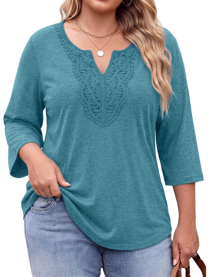 Fantaslook 3/4 Sleeve Womens Plus Size Tops V Neck Lace Blouses Casual Tunic Shirts