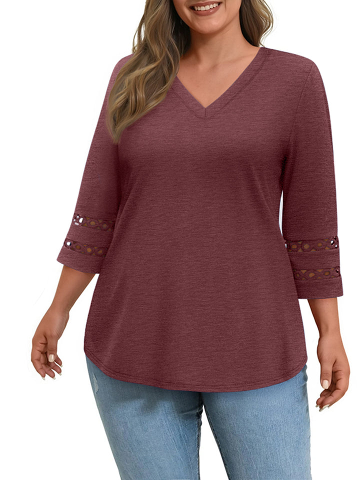 WellSize 3/4 Sleeve Womens Plus Size Tops V Neck Trendy Tunic Blouses Curved Hem Casual Shirts