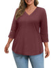 WellSize 3/4 Sleeve Womens Plus Size Tops V Neck Trendy Tunic Blouses Curved Hem Casual Shirts