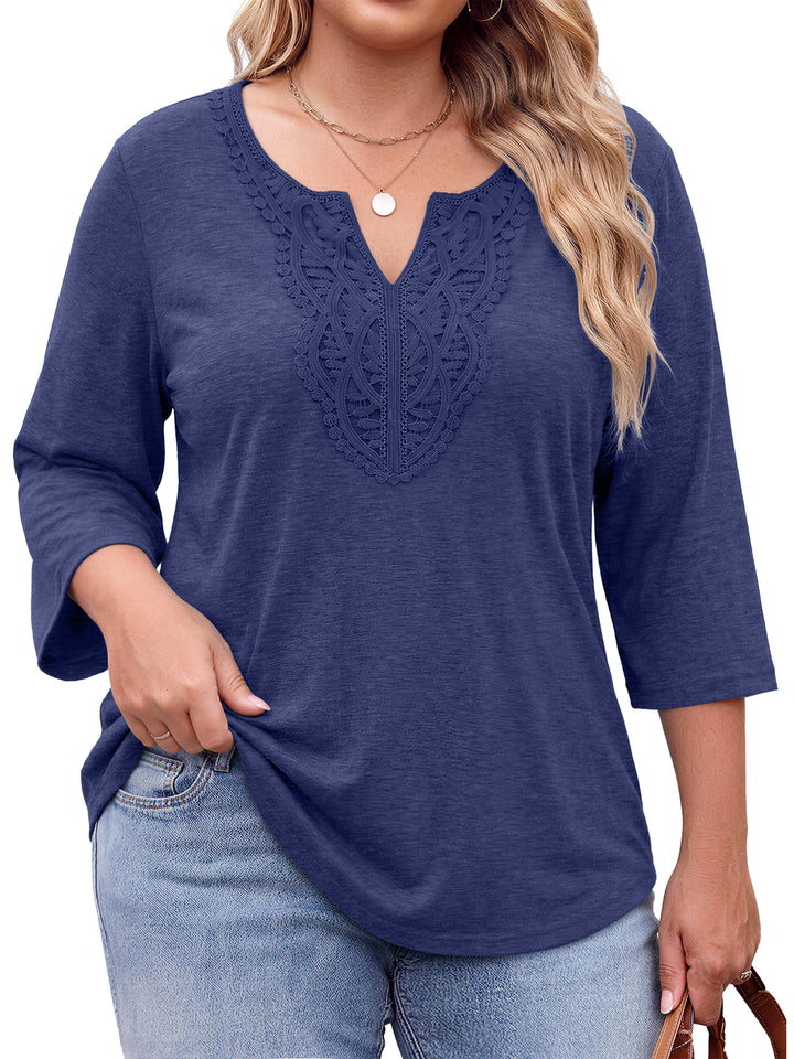 Fantaslook 3/4 Sleeve Womens Plus Size Tops V Neck Lace Blouses Casual Tunic Shirts