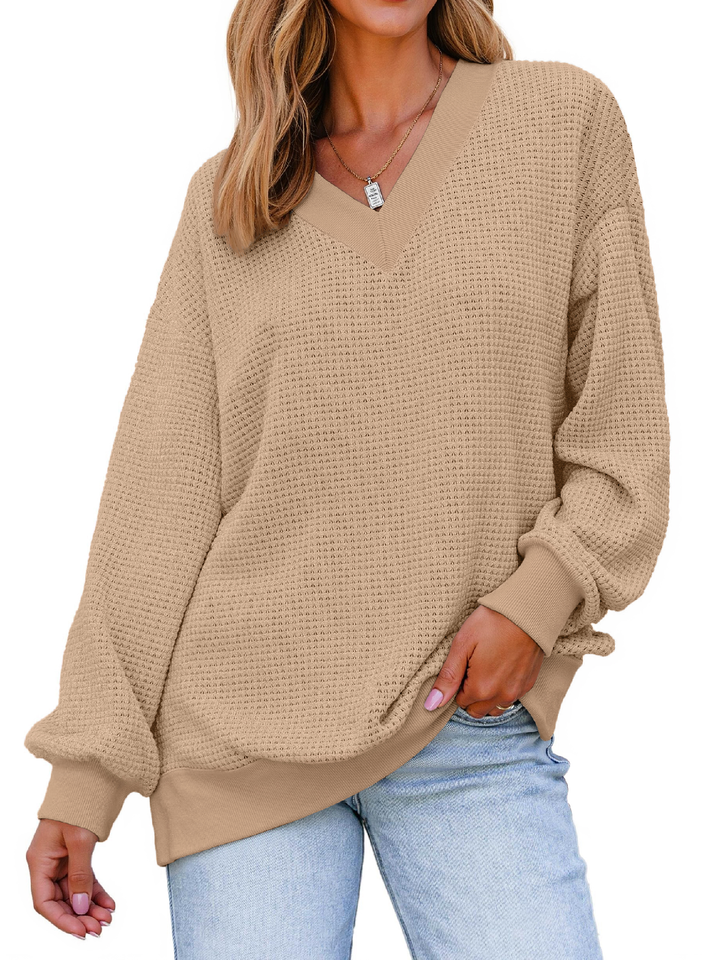 Fantaslook Waffle Knit Womens Sweatshirts Long Sleeve V Neck Shirt Loose Fall Outfits Pullover Casual Tops