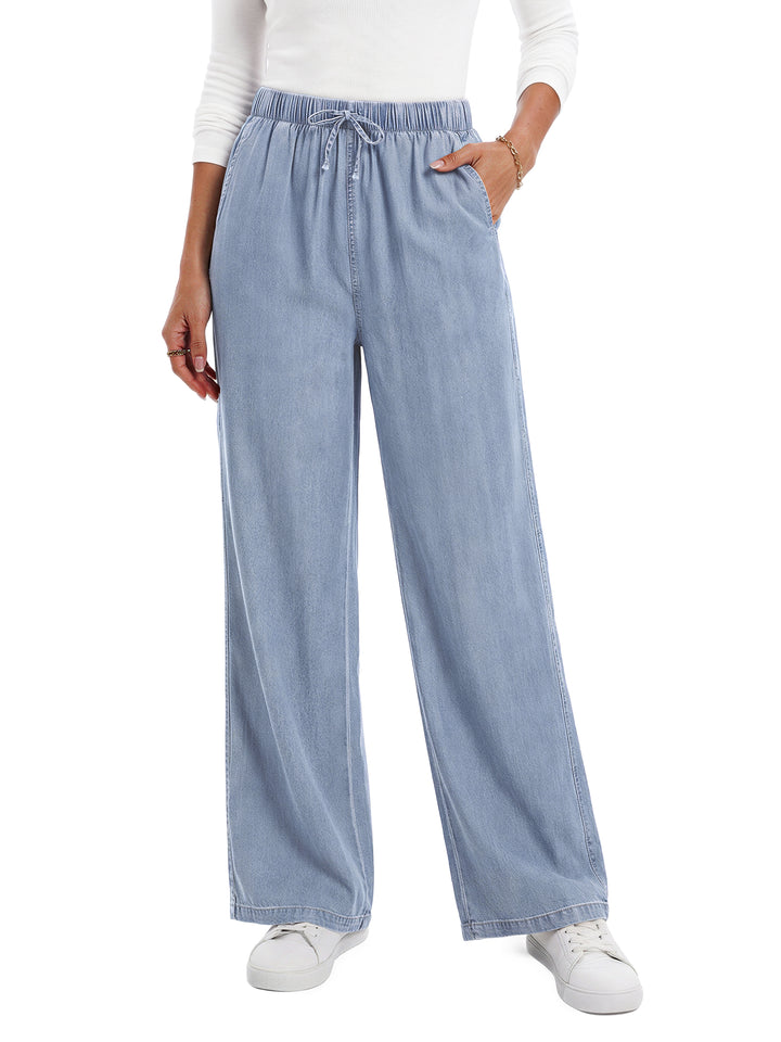 Fantaslook Wide Leg Jeans for Women Elastic High Waisted Drawstring Pants Pull On Baggy Soft Denim Pants with Pockets