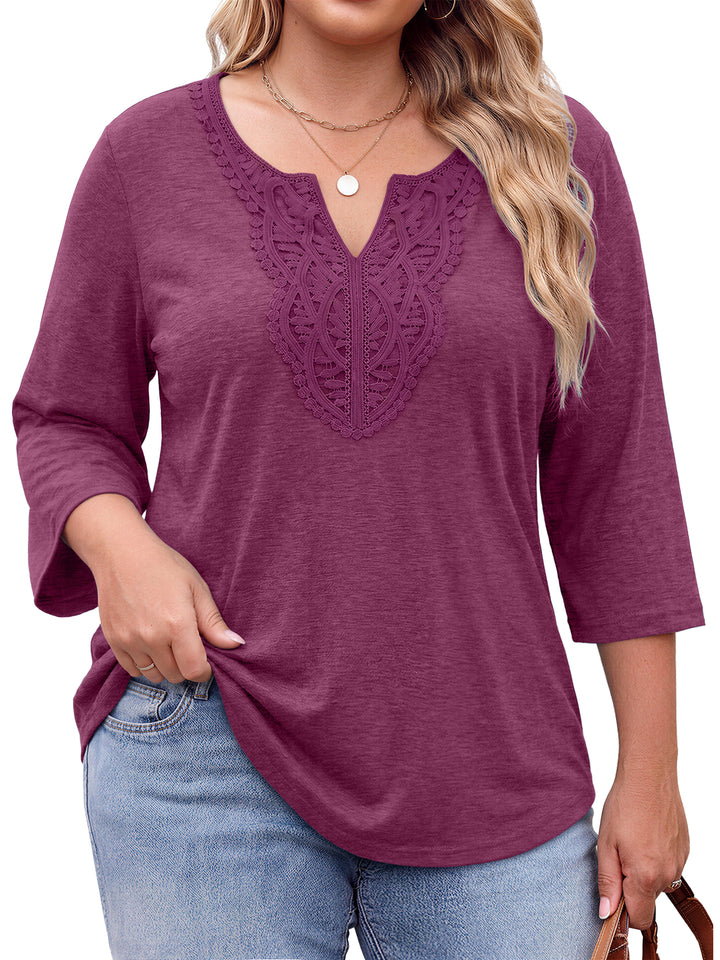 Fantaslook 3/4 Sleeve Womens Plus Size Tops V Neck Lace Blouses Casual Tunic Shirts