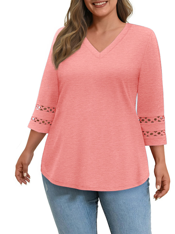 WellSize 3/4 Sleeve Womens Plus Size Tops V Neck Trendy Tunic Blouses Curved Hem Casual Shirts