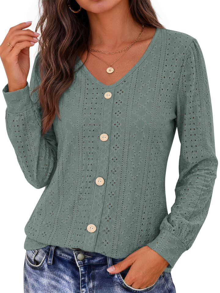 Fantaslook Tops for Women V Neck Long Sleeve Blouses Eyelet Casual Fall Shirts Trendy