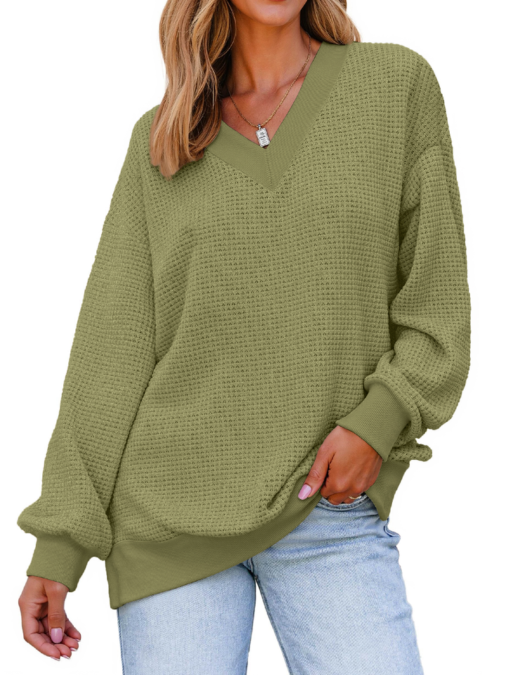 Fantaslook Waffle Knit Womens Sweatshirts Long Sleeve V Neck Shirt Loose Fall Outfits Pullover Casual Tops