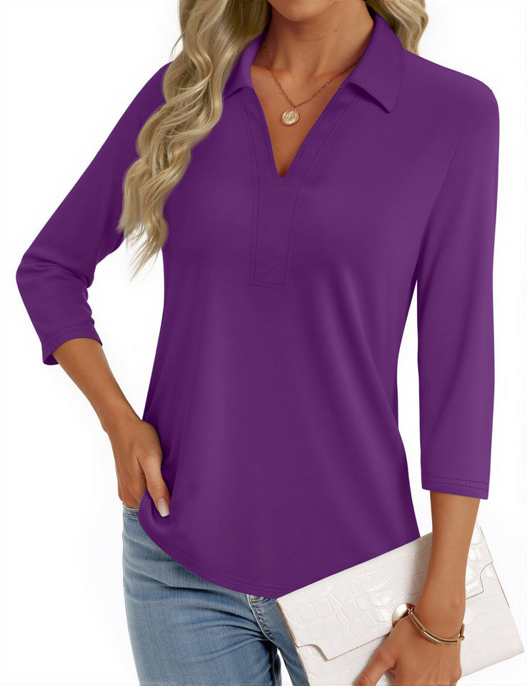 Fantaslook Womens Polo Shirts Business Casual 3/4 Sleeve Tops V Neck Dressy Work Blouses Office Clothes