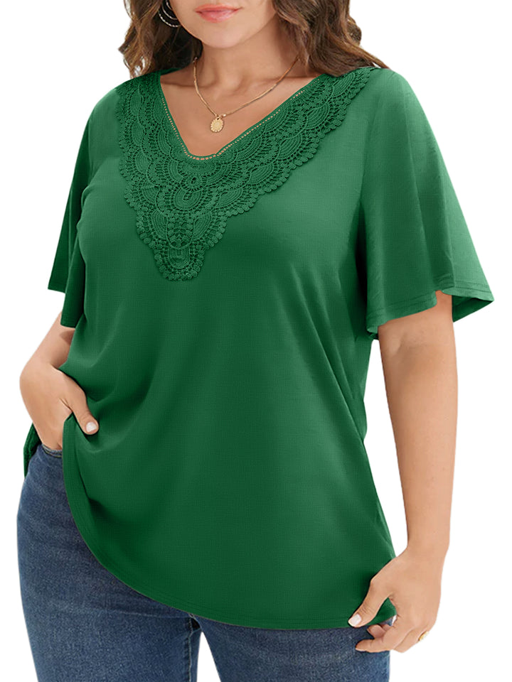 WellSize Women Plus Size Tops Dressy Lace V Neck Shirts Casaul Short Sleeve Tunic Blouses