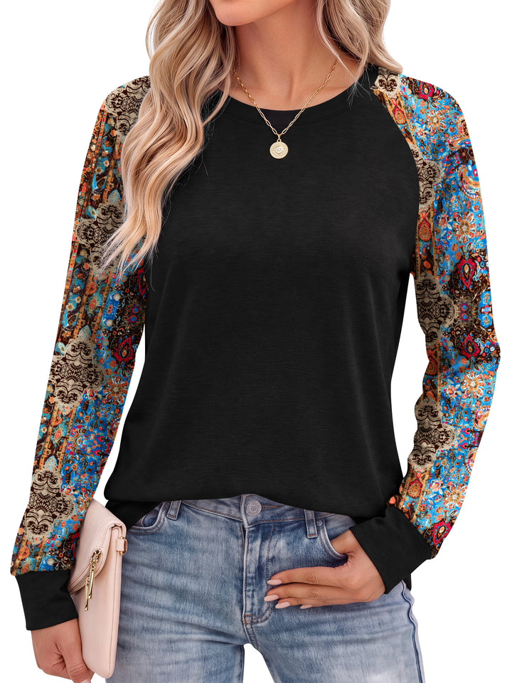 Fantaslook Women Long Sleeve Shirts Color Block Casual Tops Crewneck Fashion Fall Clothes