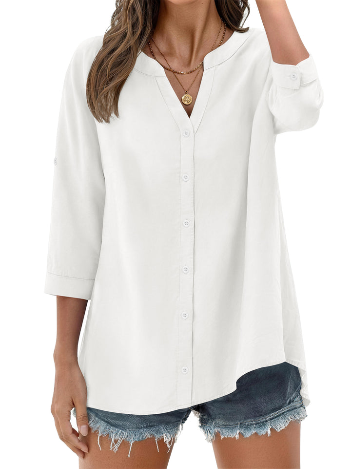 Fantaslook Womens 3/4 Sleeve Button Down Shirts V Neck Roll Up Sleeve Tops Cotton Linen Casual Summer Blouses Shirts
