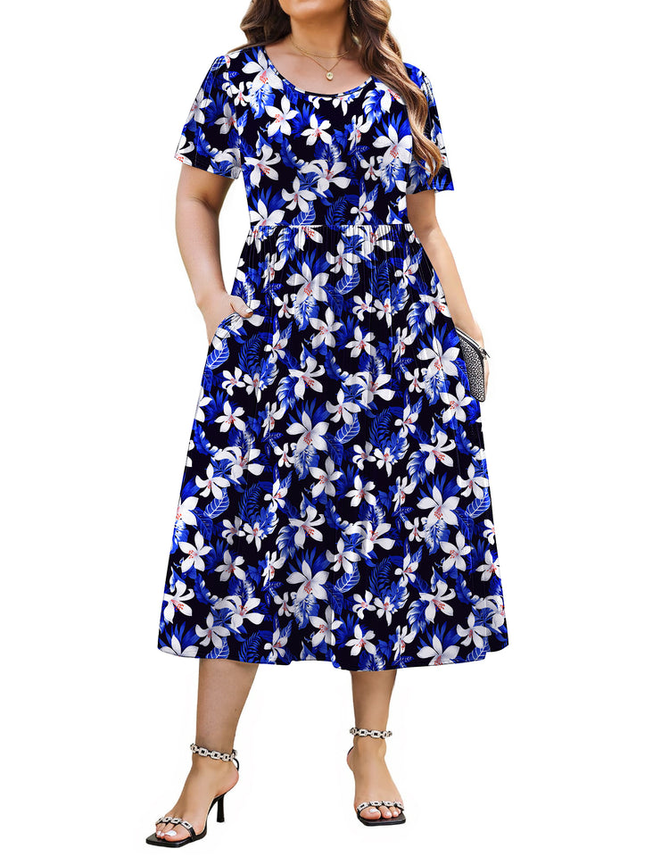 WellSize Plus Size Women Summer Dresses Casual Crew Neck Short Sleeve Sundresses Floral Midi Dress with Pockets