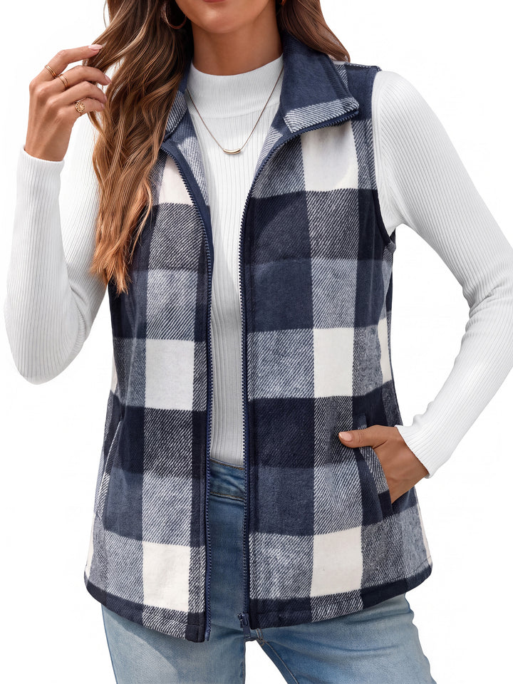 Fantaslook Women Plaid Outwear Vest Lightweight Sleeveless Jackets Zipper Fall Winter Coats with Pockets
