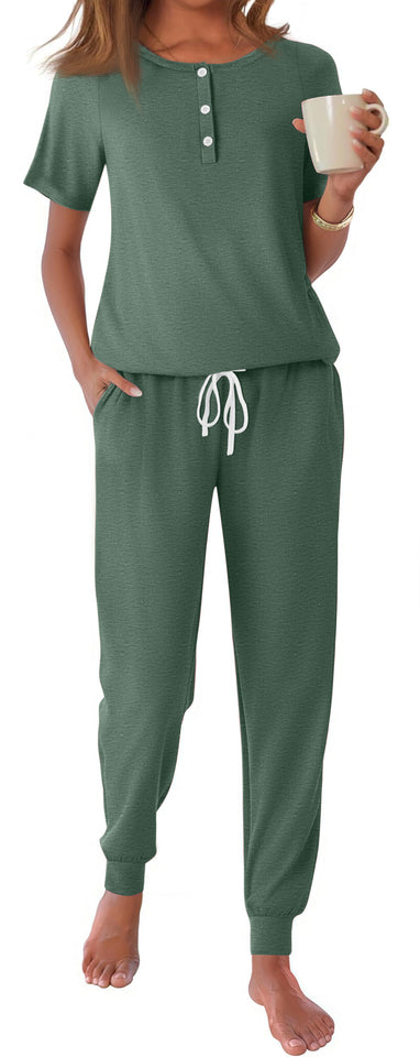 Fantaslook Pajamas Sets for Women Short Sleeve Henley Shirt And Pants With Drawstring Casual Lounge Wear Sets Summer Outfits
