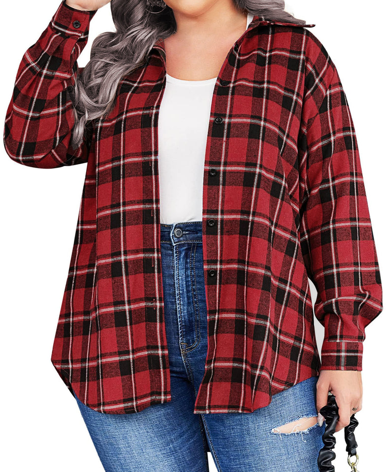 Fantaslook Plus Size Button Down Shirts for Women Long Sleeve Plaid Flannel Shirt Casual Boyfriend Tops