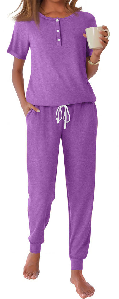 Fantaslook Pajamas Sets for Women Short Sleeve Henley Shirt And Pants With Drawstring Casual Lounge Wear Sets Summer Outfits