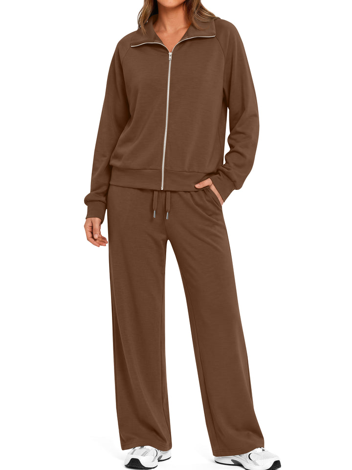 Fantaslook Two Piece Sets for Women Fall Outfits Lapel Long Sleeve Zipper Sweatshirts and Wide Leg Pants Lounge Tracksuits Sets