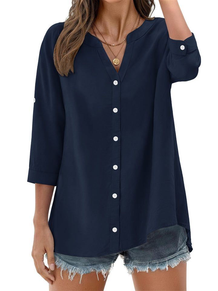 Fantaslook Womens 3/4 Sleeve Button Down Shirts V Neck Roll Up Sleeve Tops Cotton Linen Casual Summer Blouses Shirts