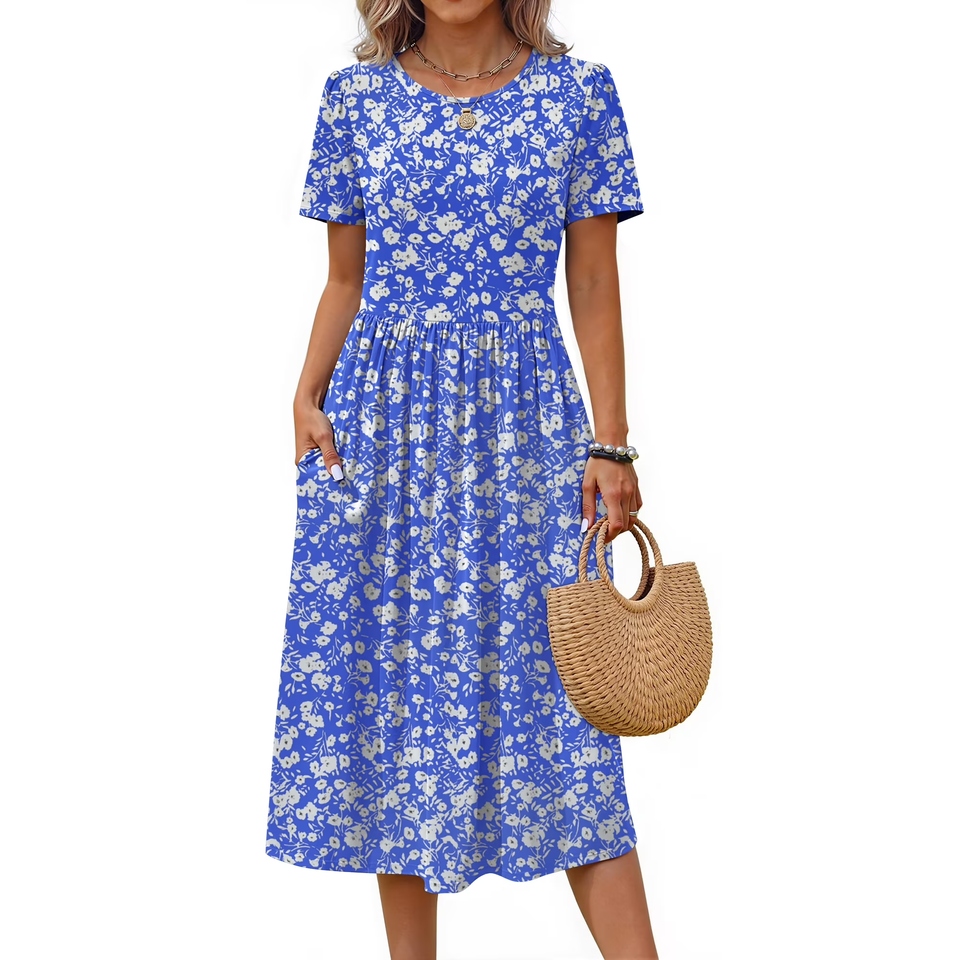 Fantaslook Summer Short Sleeve Midi Dresses for Women Casual Floral T Shirt Dresses Flowy Beach Sundress with Pockets