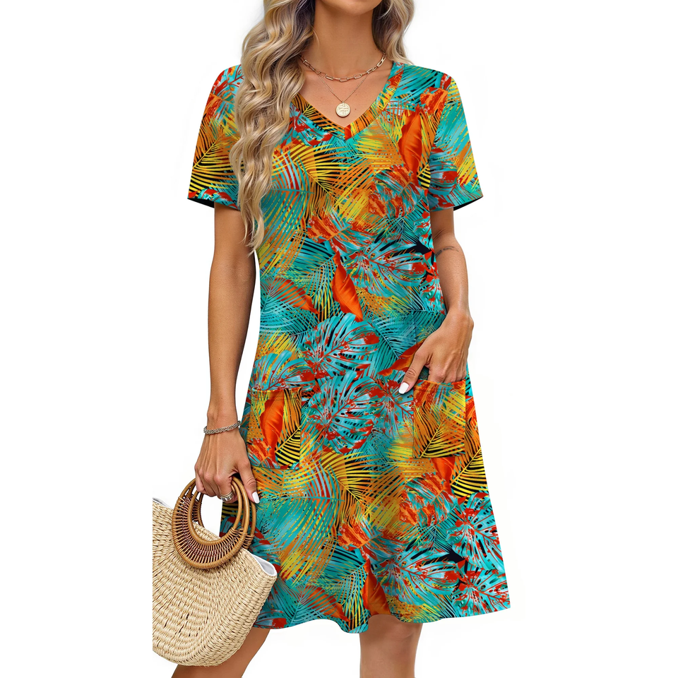Fantaslook Summer Dresses for Women V Neck Short Sleeve Casual T Shirt Dress Beach Sundresses with Pockets