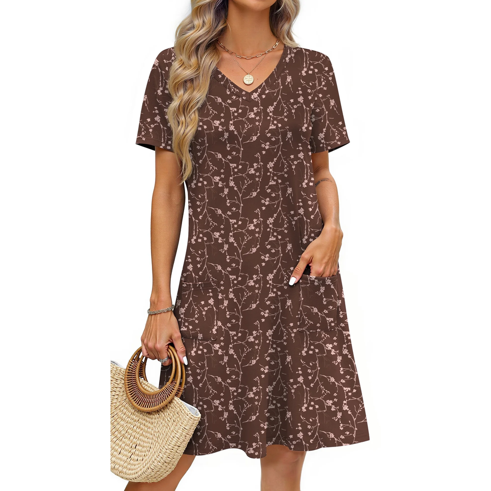 Fantaslook Summer Dresses for Women V Neck Short Sleeve Casual T Shirt Dress Beach Sundresses with Pockets
