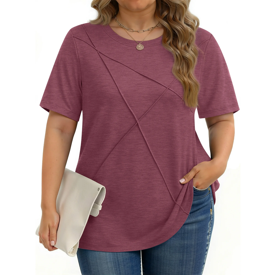 Fantaslook Women Plus Size Tops Pleated Crewneck Short Sleeve Shirts Casual Summer Tops