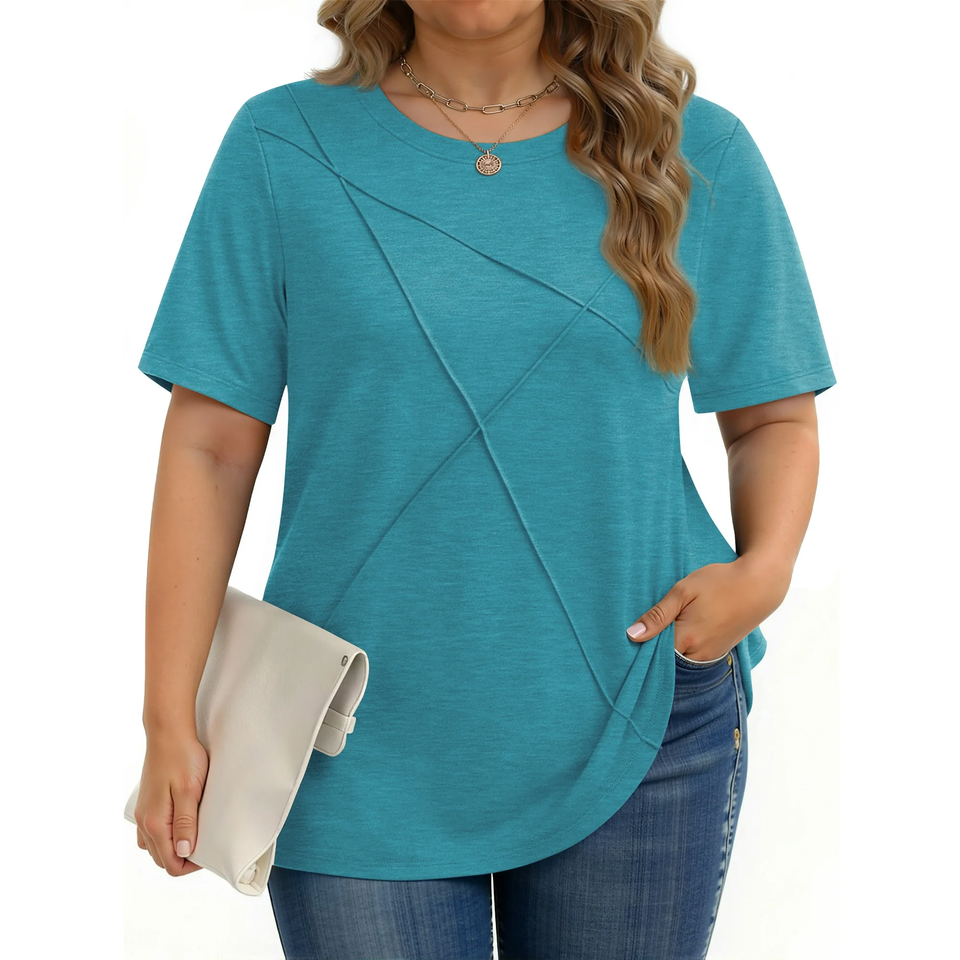 Fantaslook Women Plus Size Tops Pleated Crewneck Short Sleeve Shirts Casual Summer Tops