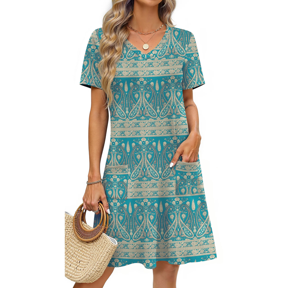 Fantaslook Summer Dresses for Women V Neck Short Sleeve Casual T Shirt Dress Beach Sundresses with Pockets