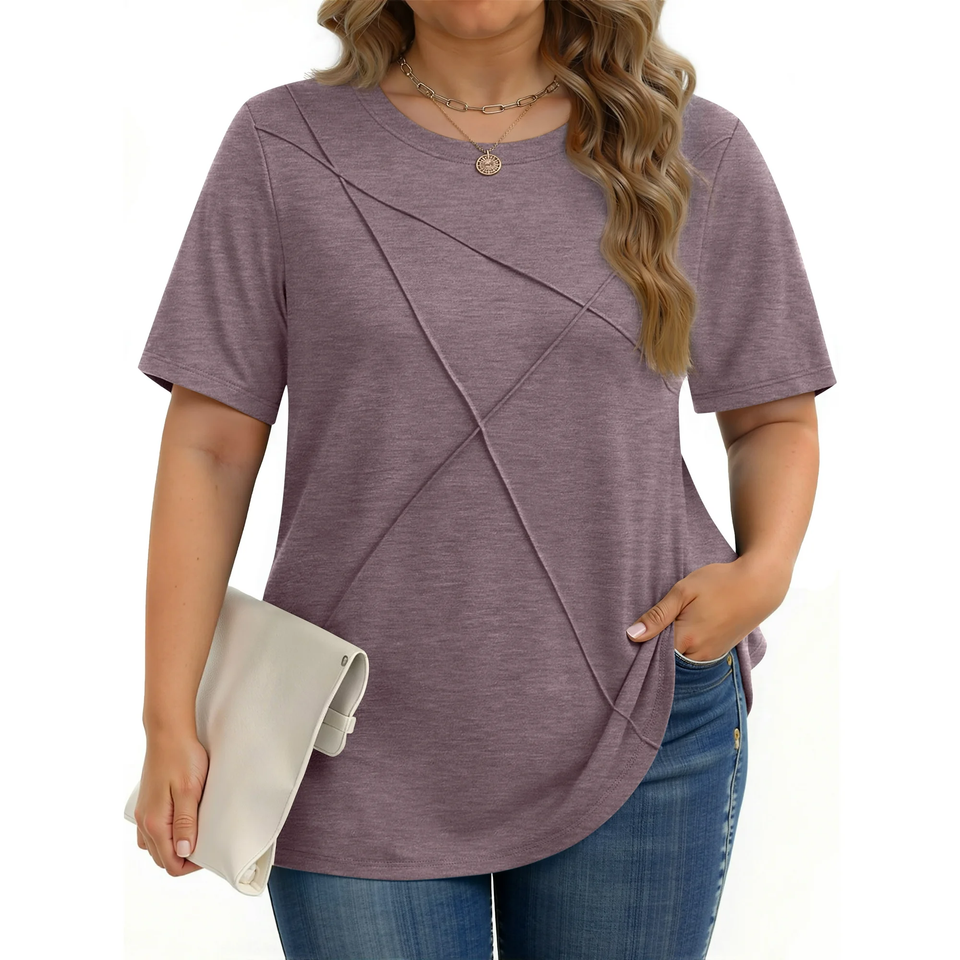 Fantaslook Women Plus Size Tops Pleated Crewneck Short Sleeve Shirts Casual Summer Tops