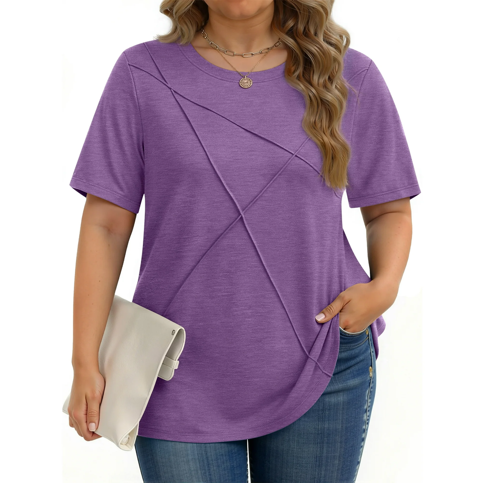 Fantaslook Women Plus Size Tops Pleated Crewneck Short Sleeve Shirts Casual Summer Tops